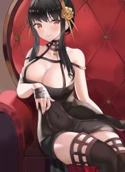 Rule 34 | 1girl, bad id, bad pixiv id, bare shoulders, black dress, black gloves, black thighhighs, blush, breasts, chair, cleavage, closed mouth, covered navel, dress, fingerless gloves, flower, furrowed brow, gloves, gold hairband, hair flower, hair ornament, hairband, highres, large breasts, leaning to the side, long hair, looking at viewer, nail polish, ni mochi, off-shoulder dress, off shoulder, red eyes, red nails, rose, short hair with long locks, sidelocks, sitting, spikes, spy x family, taut clothes, taut dress, thighhighs, yor briar, zettai ryouiki