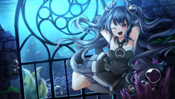 Rule 34 | absurdres, armpits, black hair, breasts, bubble, collar, diving, dress, hair ornament, hairclip, highres, long hair, neptune (series), red eyes, skirt, small breasts, swimming, twintails, two side up, underwater, underwater ruins, underwater swimming, uni (neptunia), water, yuzure