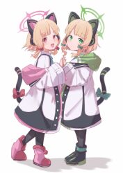 Rule 34 | 2girls, :d, absurdres, animal ear headphones, animal ears, black footwear, black pantyhose, blonde hair, blue archive, blue bow, bow, closed mouth, collared shirt, commentary, fake animal ears, green eyes, hair bow, headphones, highres, hood, hood down, hooded jacket, jacket, kotatsune, long sleeves, looking at viewer, looking to the side, midori (blue archive), momoi (blue archive), multiple girls, off shoulder, open mouth, pantyhose, parted lips, pink footwear, red bow, red eyes, shadow, shirt, shoes, siblings, simple background, sisters, sleeves past wrists, smile, standing, suspenders, tail, tail bow, tail ornament, twins, white background, white jacket, white shirt, wide sleeves