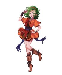 Rule 34 | 1girl, blue sash, boots, bracelet, brown footwear, dress, fire emblem, fire emblem: thracia 776, fire emblem heroes, full body, green eyes, green hair, highres, jewelry, looking at viewer, medium hair, nintendo, non-web source, official art, open mouth, red dress, sash, smile, solo, tachi-e, tina (fire emblem)