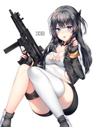 Rule 34 | 1girl, absurdres, ass, black collar, black gloves, black hair, black shorts, blush, braid, breasts, character name, cleavage, collar, daewoo xk9, detached collar, fingerless gloves, french braid, girls&#039; frontline, gloves, gun, hair between eyes, hair ornament, hand up, highres, holding, holding gun, holding weapon, jacket, long hair, long sleeves, medium breasts, open clothes, open jacket, open mouth, original, playing with own hair, shirt, shoes, short shorts, shorts, sidelocks, simple background, single thighhigh, skindentation, submachine gun, tank top, tareme, thigh strap, thighhighs, thighs, weapon, white background, white shirt, white thighhighs, zerocat