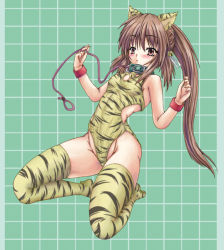Rule 34 | animal ears, animal print, brown hair, collar, kneeling, leash, little busters!, long hair, natsume rin, one-piece swimsuit, ponytail, red eyes, solo, swimsuit, tail, thighhighs, tiger ears, tiger print, tiger tail, yo-jin