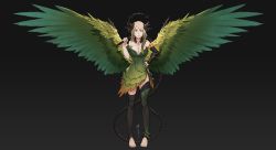 Rule 34 | angel wings, blonde hair, braid, breasts, cleavage, dress, facing viewer, feathered wings, feathers, flower, flower necklace, green dress, green feathers, green wings, grey background, halo, hand on own hip, highres, holding, holding whip, horns, jewelry, leaf, less, looking at viewer, monochrome, monster girl, necklace, original, over shoulder, plant girl, red eyes, short dress, simple background, smile, solo, spread wings, standing, thighhighs, toeless legwear, toes, vine whip, weapon, weapon over shoulder, whip, wings