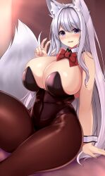 Rule 34 | 1girl, animal ear fluff, animal ears, blush, bow, bowtie, breasts, brown pantyhose, cleavage, detached collar, fox ears, fox girl, fox tail, grey eyes, grey hair, highres, huge breasts, leotard, long hair, looking at viewer, nervous, original, pantyhose, playboy bunny, red bow, red bowtie, sogaya, solo, tail, v, very long hair, wrist cuffs