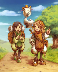 Rule 34 | 2girls, backpack, bad id, bad pixiv id, bag, boots, brown hair, clavat, crystal, day, female focus, final fantasy, final fantasy crystal chronicles, flying, hairband, hat, highres, long hair clavat, moogle, multiple girls, open mouth, outdoors, pointing, quilted, short hair, short hair clavat, smile, tree, unworn hat, unworn headwear