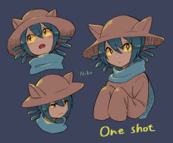 Rule 34 | 1other, bags under eyes, blue hair, blue scarf, blush, bright pupils, brown headwear, character name, closed eyes, colored sclera, copyright name, hair between eyes, multiple views, niko (oneshot), oneshot (game), open mouth, scarf, shifumame, sleeves past fingers, sleeves past wrists, white pupils, yellow sclera