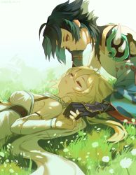Rule 34 | 1boy, 1girl, absurdres, ahoge, arm guards, armor, black gloves, black hair, blonde hair, breasts, closed eyes, dappled sunlight, day, detached sleeves, drooling, elbow rest, eyeliner, eyeshadow, field, flower, flower field, genshin impact, gloves, grass, green hair, hand on own cheek, hand on own face, head rest, highres, holding hands, long hair, looking at another, looking away, looking down, lumine (genshin impact), lying, makeup, multicolored hair, nature, on back, on ground, on stomach, parted bangs, pauldrons, short hair with long locks, shoulder armor, spikes, sunlight, two-tone hair, upper body, xiang wan wei wan, xiao (genshin impact), yellow eyes