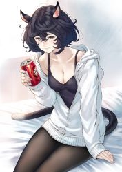 Rule 34 | 1girl, animal ears, black choker, black eyes, black hair, black pantyhose, black tank top, breasts, can, cat ears, cat tail, choker, cleavage, closed mouth, collarbone, dr pepper, drink can, hair between eyes, highres, holding, holding can, jacket, lips, long sleeves, looking at viewer, makimura shunsuke, medium breasts, messy hair, mole, mole on neck, original, pantyhose, short hair, sitting, soda can, solo, tail, tank top, white jacket, zipper pull tab