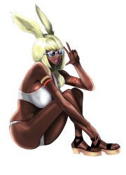 1girl, ass, bare shoulders, bikini, black nails, blonde hair, breasts, dark skin, dark skinned female, facing viewer, final fantasy, final fantasy xiv, grin, highres, large breasts, long hair, nail polish, ooshima ryou, purple nails, sandals, simple background, smile, solo, sunglasses, swimsuit, tattoo, tinted eyewear, viera, w, white background, white bikini