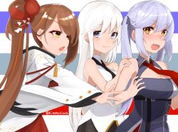 Rule 34 | 3girls, azur lane, bare shoulders, black neckwear, blush, breasts, brown hair, cleavage, closed mouth, collared shirt, enterprise (azur lane), essex (azur lane), hair ornament, hands on another&#039;s shoulders, heart, heart hair ornament, highres, himono hinata, japanese clothes, long hair, looking at another, multicolored background, multiple girls, necktie, open mouth, ponytail, purple eyes, purple hair, red neckwear, shirt, smile, striped, striped background, twintails, white hair, white shirt, yellow eyes, zuikaku (azur lane)