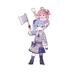 Rule 34 | 2girls, axe, blue hair, carrying, carrying person, full body, green eyes, hand up, highres, hololive, hoshimachi suisei, hoshimachi suisei (1st costume), mametarou (mameji), multiple girls, pink hair, sakura miko, simple background, standing, thighhighs, twitter, virtual youtuber, white background