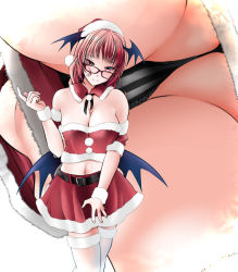 Rule 34 | 1girl, alternate costume, ass, bare shoulders, bat wings, belt, bespectacled, black panties, blush, breasts, cleavage, commentary request, cowboy shot, detached collar, detached sleeves, fur-trimmed legwear, fur trim, glasses, hat, head tilt, head wings, index finger raised, koakuma, large breasts, looking at viewer, low wings, multiple views, navel, panties, pom pom (clothes), red-framed eyewear, red eyes, red hair, santa costume, santa hat, simple background, skirt, smile, strapless, thighhighs, touhou, tube top, underwear, upskirt, white background, white thighhighs, wings, wrist cuffs, yumi (careca398), zettai ryouiki