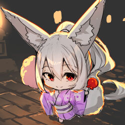 Rule 34 | 1girl, absurdly long hair, animal ear fluff, animal ears, barefoot, candy apple, chibi, closed mouth, commentary request, cotton candy, floral print, food, fox ears, fox girl, fox tail, full body, grey hair, hair between eyes, holding, holding food, japanese clothes, kimono, long hair, long sleeves, looking at viewer, obi, original, pink kimono, print kimono, red eyes, sash, sidelocks, smile, solo, tail, very long hair, wide sleeves, yuuji (yukimimi)