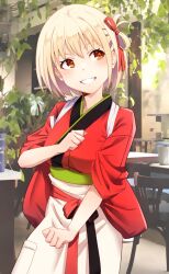 Rule 34 | 1girl, apron, blonde hair, blurry, blurry background, clenched hands, clenched teeth, hair ribbon, highres, japanese clothes, kimono, looking to the side, lycoris recoil, nishikigi chisato, one side up, orange eyes, red kimono, red ribbon, rei k 79, ribbon, short hair, smile, solo, teeth, waist apron