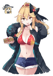 Rule 34 | 2girls, ahoge, bikini, black coat, black headwear, blonde hair, blue shorts, bow, breasts, cleavage, closed mouth, coat, collarbone, cropped legs, deetamu, dual persona, fingernails, food, fur-trimmed coat, fur trim, hair between eyes, hat, hat bow, highres, holding, holding food, kirisame marisa, kirisame marisa (witch of scarlet dreams), large breasts, long hair, looking at viewer, multiple girls, nail polish, open clothes, open coat, open fly, red bikini, red nails, shorts, smile, swimsuit, tongue, tongue out, touhou, touhou lostword, white bow, witch hat, yellow eyes