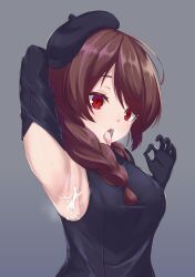Rule 34 | absurdres, armpits, azur lane, beret, black gloves, brown hair, commentary request, cum, cum in mouth, cum on armpits, cum on body, gloves, gradient background, grey background, hat, highres, looking at viewer, noe (ppppriver), red eyes, tagme, tongue, tongue out, z2 georg thiele (azur lane), z2 georg thiele (high-rise high-style) (azur lane)