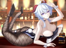 Rule 34 | 1girl, absurdres, ahoge, areola slip, arm up, ass, bar (place), bare shoulders, black choker, black footwear, black leotard, blue hair, blurry, blurry background, blush, bottle, breasts, brown pantyhose, choker, feet up, fishnet pantyhose, fishnets, from side, ganyu (genshin impact), genshin impact, hair between eyes, high heels, highres, horns, indoors, large breasts, leotard, long hair, looking at viewer, looking to the side, lying, on stomach, pantyhose, parted lips, playboy bunny, purple eyes, revision, solo, strapless, strapless leotard, terebi (shimizu1996), thigh strap, tray, wrist cuffs
