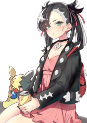 Rule 34 | 1girl, :o, absurdres, asymmetrical bangs, backpack, bag, berry, berry (pokemon), black choker, black jacket, black nails, blush, can, choker, commentary request, creatures (company), dress, drink can, e-co, earrings, eating, game freak, gen 8 pokemon, green eyes, hair over one eye, hair ribbon, highres, holding, holding can, jacket, jewelry, long hair, long sleeves, looking at viewer, marnie (pokemon), morpeko, morpeko (full), nail polish, nintendo, open clothes, open jacket, parted lips, pink dress, pokemon, pokemon (creature), pokemon swsh, red ribbon, ribbon, simple background, sitting, soda can, twintails, white background