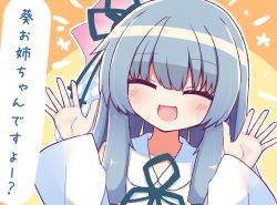 Rule 34 | 1girl, blue hair, blue ribbon, blush, collared shirt, commentary, detached sleeves, hair ribbon, hands up, hibino 000, japanese clothes, kotonoha aoi, long hair, open mouth, ribbon, shirt, sleeveless, sleeveless shirt, smile, solo, speech bubble, translated, upper body, voiceroid, white shirt, white sleeves