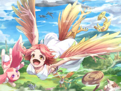 Rule 34 | 2girls, bird legs, bird tail, blue sky, brown eyes, cloud, cloudy sky, creature, dress, fantasy, flying, flying whale, harpy, highres, itsudzumi, monster girl, multiple girls, open mouth, original, pink hair, sky, smile, tail, whale, white dress, winged arms, wings
