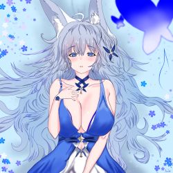 Rule 34 | 1girl, animal ear fluff, animal ears, arche0825, azur lane, blue butterfly, blue collar, blue dress, blue eyes, breasts, bug, butterfly, cleavage, collar, dress, evening gown, fox ears, grey hair, halter dress, halterneck, highres, huge breasts, insect, long hair, looking at viewer, looking up, lying, official alternate costume, on back, shinano (azur lane), shinano (dreams of the hazy moon) (azur lane), solo, wrist flower