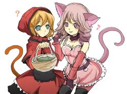 Rule 34 | 2girls, akazukin (otogi-juushi akazukin), alice in wonderland, animal ears, apron, breasts, cape, capelet, cat ears, cat tail, cheshire cat (alice in wonderland), cleavage, dress, fingerless gloves, gloves, grimm&#039;s fairy tales, hood, little red riding hood, little red riding hood (grimm), long sleeves, medium breasts, multiple girls, pink skirt, red cape, red dress, skirt, standing, tail, thighhighs
