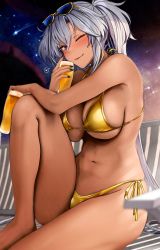 Rule 34 | 1girl, alcohol, beer, bikini, black nails, blush, breasts, breasts day, brown eyes, chair, dark-skinned female, dark skin, gold bikini, good breasts day, grey-framed eyewear, hair between eyes, heart, highres, kantai collection, large breasts, light brown hair, looking at viewer, musashi (kancolle), nail polish, night, one eye closed, pointy hair, short hair with long locks, sitting, sky, solo, star (sky), starry sky, sunglasses, swimsuit, thighs, twintails, two side up, yunamaro