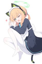 Rule 34 | 1girl, absurdres, animal ear headphones, animal ears, apron, blonde hair, blue archive, cat ear headphones, cat tail, commentary, fake animal ears, green eyes, hagoonha, halo, headphones, highres, looking at viewer, maid, maid apron, maid headdress, midori (blue archive), midori (maid) (blue archive), official alternate costume, one eye closed, open mouth, pantyhose, simple background, solo, tail, white background, white pantyhose