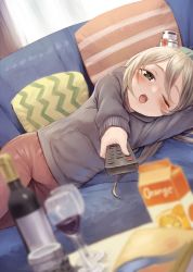 Rule 34 | 1girl, alcohol, blush, bottle, brown eyes, controller, cup, drinking glass, grey shirt, hat, highres, holding, holding remote control, honmakaina kudou, kantai collection, light brown hair, long hair, long sleeves, mini hat, one eye closed, open mouth, pants, pola (kancolle), red pants, remote control, shirt, solo, white hat, wine, wine bottle, wine glass