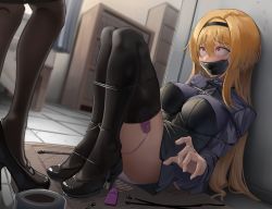 Rule 34 | 2girls, absurdres, bdsm, black thighhighs, blonde hair, blush, bondage, bound, breasts, commission, femdom, gag, gagged, hair ornament, harris hero, high heels, highres, idolmaster, idolmaster cinderella girls, idolmaster cinderella girls starlight stage, improvised gag, kidnapped, kurosaki chitose, large breasts, long hair, looking at another, multiple girls, panties, pink eyes, restrained, scared, second-party source, sex toy, skirt, solo, tape, tape gag, thighhighs, underwear, variant set, very long hair, vibrator, vibrator in thighhighs, white background, white panties