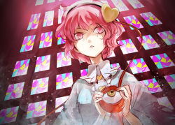 Rule 34 | 1girl, bad id, bad pixiv id, hairband, heart, komeiji satori, kozou (soumuden), long sleeves, open mouth, pink eyes, pink hair, shirt, solo, stained glass, touhou, upper body