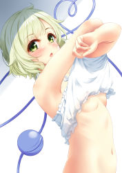 Rule 34 | 1girl, :o, absurdres, blush, breasts, camisole, green eyes, green hair, highres, indica, komeiji koishi, looking at viewer, navel, nipples, no bra, short hair, solo, stomach, third eye, touhou, underboob, undressing, upper body, white background