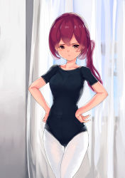 Rule 34 | 1girl, absurdres, bikini, black leotard, brown eyes, collarbone, commentary request, cowboy shot, curtains, hands in pockets, hands on own hips, highres, leotard, looking at viewer, original, pantyhose, red hair, shochiku, short ponytail, side-tie bikini bottom, solo, swimsuit, white curtains, white pantyhose