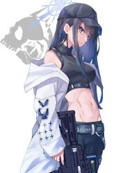 Rule 34 | 1girl, bare shoulders, baseball cap, black hat, black pants, black shirt, blue archive, blue eyes, blue hair, breasts, coat, cowboy shot, crop top, duplicate, gun, hat, holding, holding gun, holding weapon, kento (kentdrawing), large breasts, leggings, long hair, long sleeves, looking at viewer, midriff, navel, off shoulder, open clothes, open coat, pants, parted lips, saori (blue archive), shirt, sidelocks, simple background, sleeveless, sleeveless shirt, solo, standing, stomach, very long hair, weapon, white background, white coat