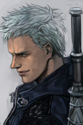 Rule 34 | 1boy, blue eyes, blue hair, blue jacket, capcom, devil may cry (series), devil may cry 5, from side, grey background, grin, hungry clicker, jacket, male focus, nero (devil may cry), parted lips, portrait, profile, simple background, smile, solo, upper body