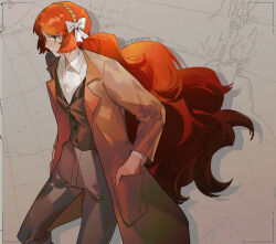 Rule 34 | 1girl, bow, brown coat, brown hairband, brown vest, coat, collared shirt, cowboy shot, grey pants, hair bow, hairband, ishmael (project moon), limbus company, long hair, low ponytail, map, mncpa, orange hair, pants, project moon, rope, shirt, solo, very long hair, vest, white bow, white shirt