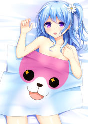 Rule 34 | + +, 10s, 1girl, :3, :d, bang dream!, bed sheet, blue hair, character print, covering privates, flower, hair flower, hair ornament, hand on own chest, hands up, iwamoto sora, long hair, looking at viewer, lying, matsubara kanon, michelle (bang dream!), naked sheet, naked towel, nude cover, on back, open mouth, print towel, purple eyes, side ponytail, smile, solo, towel, under covers, white flower