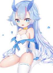 Rule 34 | 1girl, :d, azur lane, bare shoulders, blue eyes, blue hair, blush, collarbone, commentary request, detached sleeves, fang, highres, horns, i-13 (azur lane), long hair, long sleeves, multicolored hair, one-piece swimsuit, open mouth, petals, pixiv id, puffy long sleeves, puffy sleeves, purple hair, ribbon-trimmed legwear, ribbon trim, satori (ymoy), see-through, see-through sleeves, short eyebrows, simple background, single thighhigh, sitting, sleeves past wrists, smile, solo, star (symbol), swimsuit, thick eyebrows, thighhighs, two-tone hair, very long hair, wariza, white background, white one-piece swimsuit, white thighhighs