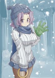 Rule 34 | 1girl, alternate costume, asymmetrical gloves, bad id, bad pixiv id, beanie, breasts, commentary request, contemporary, earflap hat, female focus, forest, gloves, hat, hat pompom, impossible clothes, impossible sweater, jewelry, kumoi ichirin, large breasts, mismatched gloves, naka akira, nature, pantyhose, purple eyes, purple hair, ribbed sweater, ring, scarf, shirt, skirt, smile, snow, snowing, solo, sweater, touhou, waving, winter clothes