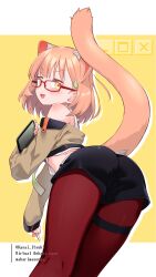 Rule 34 | 1girl, :d, absurdres, animal ear fluff, animal ears, ass, bare shoulders, black shorts, blush, brown jacket, cat ears, cat girl, cat tail, commentary request, cowboy shot, extra ears, from behind, glasses, hair ornament, hairclip, highres, holding, holding stylus, holding tablet pc, indie virtual youtuber, jacket, kasai itsuki, kasai itsuki (artist), off-shoulder jacket, off shoulder, open mouth, orange eyes, orange hair, pantyhose, red-framed eyewear, red pantyhose, short hair, shorts, smile, solo, stylus, tablet pc, tail, tail raised, thigh strap, translation request, twitter username, two-tone background, v-shaped eyebrows, virtual youtuber, white background, yellow background