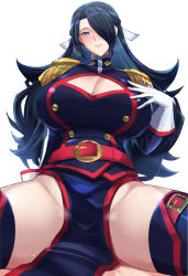 Rule 34 | 1girl, azuma fubuki, belt, belt buckle, black hair, blue eyes, blush, breasts, buckle, cleavage, cleavage cutout, clothing cutout, gloves, hair over one eye, hair ribbon, hand on breast, kumakichi (cost-lost), large breasts, long hair, looking at viewer, mato seihei no slave, mature female, ribbon, simple background, solo, spread legs, thighhighs, thighs, uniform, white background, white gloves