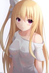 Rule 34 | 1girl, artist name, bad id, bad pixiv id, bare shoulders, blonde hair, blush, breasts, collarbone, date a live, frown, hair between eyes, hair ribbon, highres, keenh, long hair, looking at viewer, mayuri (date a live), medium breasts, navel, off shoulder, pink eyes, ribbon, see-through, shirt, side ponytail, solo, very long hair, wet, wet clothes, wet hair, wet shirt, white ribbon, white shirt