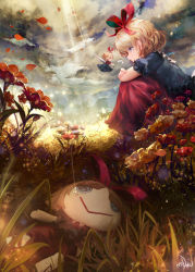 Rule 34 | 2girls, black shirt, blonde hair, blue eyes, cloud, cloudy sky, commentary request, crossed arms, day, doll, dqn (dqnww), field, flower, flower field, flying, from below, from side, frown, grass, hair ribbon, hand on own elbow, knees to chest, hugging own legs, light particles, light rays, lily of the valley, looking at another, making-of available, medicine melancholy, multiple girls, on ground, outdoors, petals, puffy short sleeves, puffy sleeves, red skirt, ribbon, shirt, short hair, short sleeves, signature, sitting, skirt, sky, su-san, sunbeam, sunlight, touhou, water drop, wind, wings