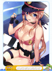 Rule 34 | 1girl, absurdres, arm at side, artist name, bare arms, bare shoulders, bikini, black gloves, black hat, black neckwear, black ribbon, black thighhighs, blue eyes, blue sky, blush, breasts, brown hair, choker, cleavage, clipboard, collarbone, day, dengeki moeou, female service cap, fingerless gloves, fingernails, front-tie bikini top, front-tie top, gloves, hair between eyes, hair ribbon, hand up, hat, highres, holding, holding removed eyewear, holster, large breasts, lips, long hair, looking at viewer, low twintails, mataro (matarou), mole, mole under eye, mole under mouth, open mouth, original, outdoors, peaked cap, pink lips, police, police hat, police uniform, policewoman, red bikini, ribbon, scan, side-tie bikini bottom, sitting, skindentation, sky, smile, solo, sunglasses, swimsuit, teeth, thigh holster, thigh strap, thighhighs, twintails, uniform, unworn eyewear, upper teeth only, walkie-talkie