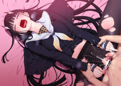 Rule 34 | 1boy, 1girl, azur lane, bar censor, bed sheet, black cardigan, black hair, black pantyhose, blunt bangs, blush, breasts, cardigan, censored, closed eyes, clothed female nude male, cum, cum in pussy, ejaculation, hair ornament, hairclip, heavy breathing, hetero, highres, holding another&#039;s wrist, long hair, long sleeves, lying, medium breasts, midriff peek, missionary, navel, neckerchief, no panties, noshiro (azur lane), nude, on back, on bed, oni, open cardigan, open clothes, open mouth, pantyhose, penis, prophecy (rakuichimonji), pussy, sailor collar, school uniform, serafuku, sex, solo focus, split, tongue, tongue out, torn clothes, torn legwear, vaginal, very long hair, white sailor collar, wince, x hair ornament