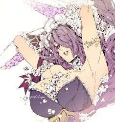 Rule 34 | 1girl, animal ears, arm ribbon, arm tattoo, armpits, arms behind head, arms up, bare shoulders, between breasts, big hair, breasts, camilla (fire emblem), camilla (spring) (fire emblem), cleavage, fake animal ears, fire emblem, fire emblem fates, fire emblem heroes, flower, hair over one eye, hairband, hands in hair, hotate rayan, huge breasts, lace trim, leotard, lips, long hair, looking at viewer, nintendo, parted lips, playboy bunny, purple eyes, purple hair, rabbit ears, ribbon, smile, solo, strapless, tattoo, twitter username, upper body, very long hair, wavy hair