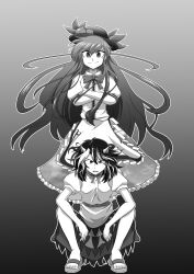 Rule 34 | 2girls, breasts, buttons, center frills, closed mouth, collared shirt, commentary request, crossed arms, flat chest, frilled skirt, frills, full body, greyscale, hat, highres, hinanawi tenshi, horns, kduf, kijin seija, leaf hat ornament, long hair, looking at viewer, monochrome, multicolored hair, multiple girls, open mouth, peach hat ornament, puffy short sleeves, puffy sleeves, sandals, shirt, short hair, short sleeves, skirt, small breasts, smile, squatting, streaked hair, touhou, v-shaped eyebrows