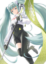 Rule 34 | 1girl, absurdres, aqua eyes, aqua hair, black bodysuit, black footwear, black gloves, black thighhighs, bodysuit, closed mouth, clothes writing, covered navel, crop top, enden nix, flag, gloves, hatsune miku, headgear, high heels, highres, holding, holding flag, leg up, long hair, long sleeves, looking at viewer, racing miku, racing miku (2022), running, single thighhigh, smile, solo, thighhighs, thighs, twintails, very long hair, vocaloid