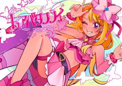 Rule 34 | 1girl, asymmetrical clothes, asymmetrical legwear, blonde hair, blush, commentary request, cure butterfly, earrings, eyelashes, happy, highres, hijiri ageha, hirogaru sky! precure, jewelry, long hair, looking at viewer, magical girl, marugao (htcf2334), midriff, miniskirt, multicolored hair, one eye closed, orange hair, pantyhose, pink eyes, pink headwear, pink nails, pink skirt, precure, single leg pantyhose, skirt, smile, solo, translation request, two-tone hair, very long hair