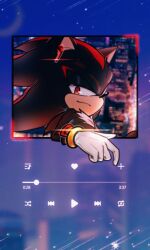 1boy animal_ears animal_nose closed_mouth commentary earbuds earphones furry furry_male gloves green_eyes half-closed_eyes heart highres looking_at_viewer male_focus media_player_interface myeolch_503 shadow_the_hedgehog solo sonic_(series) symbol-only_commentary upper_body white_gloves